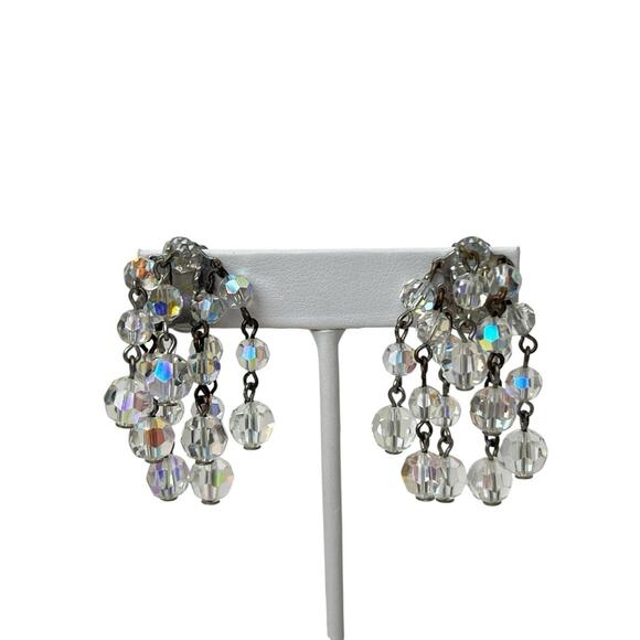 Vintage Dangle Aurora Borealis Earrings Faceted AB Beads Cascade Cluster Clip On - Picture 6 of 7